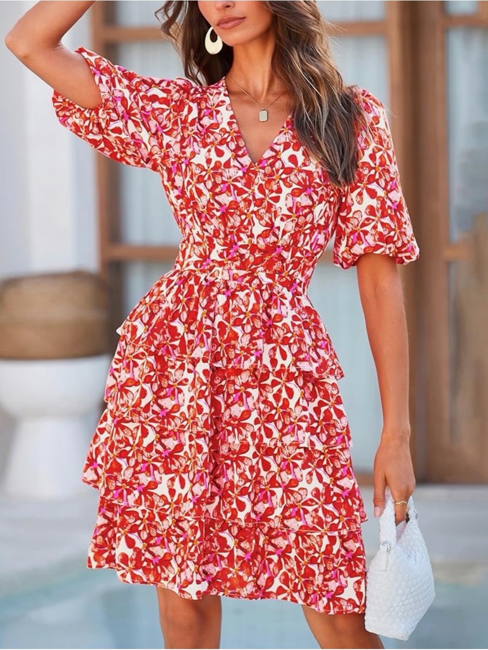 Floral V-Neck Ruffle Tiered Dress in Red - Picture 3 of 12